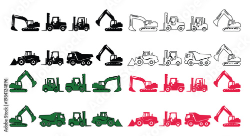 建設機械のアイコンセット、ショベルカーやフォークリフトのベクターイラスト、工事現場で働く重機のシルエットと線画のコレクション、24個のフラットデザイン素材