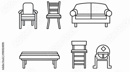 Outlined graphic art shows a collection of furniture chairs, sofa, and ottoman