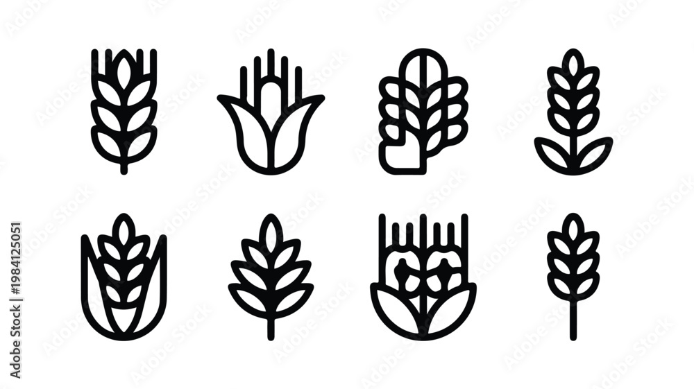 Fototapeta premium Set of grain icons wheat ears and corn simple vector symbols black and white line art agriculture collection silhouette foodstuff botanical