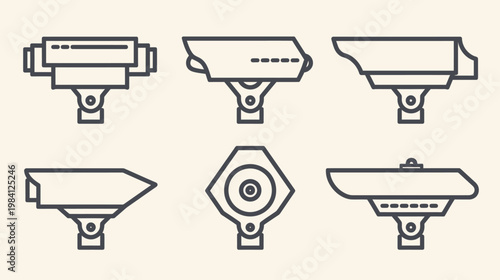 Six different security camera outline icons, aligned in two rows on a light background