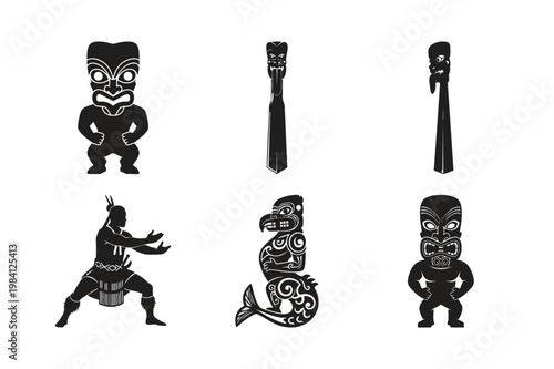 Maori culture silhouette set bundle with tribal tiki totem and masks.