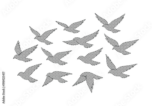 Flying birds vector illustration, a flock of pigeons in flight, graceful avian silhouettes, abstract checkered pattern, freedom and peace concept, graphic resource for design projects