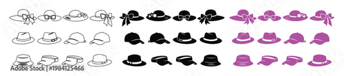 Stylish Hat Collection Vector, diverse headwear fashion accessories, elegant fedoras, sun hats, and bowler hats in black, purple, and outline styles
