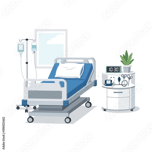 Hospital Room with Medical Bed, IV Drip Stand, and Nightstand