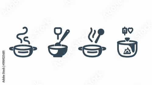 Four food preparation icons show cooking process in bowls, pots, and with spoons