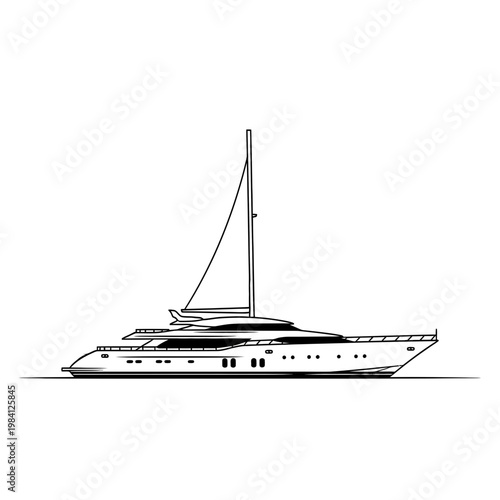Luxury Sailboat Yacht Illustration - Black and White Line Art