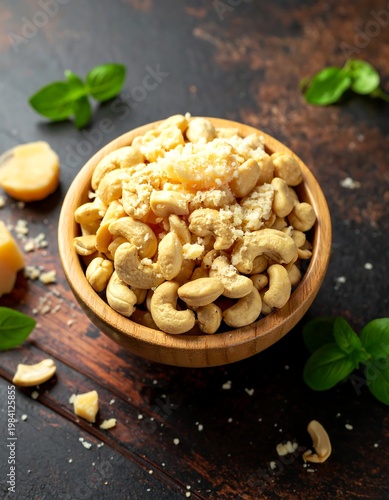 A close-up shot of a wooden bowl filled with cashews and cheese
