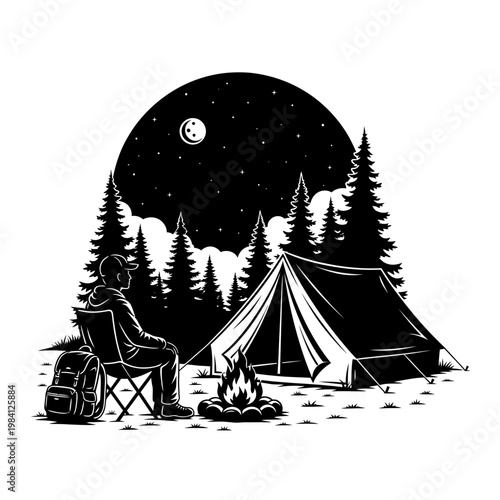 Man Camping at Night Under Moonlit Sky with Tent and Campfire