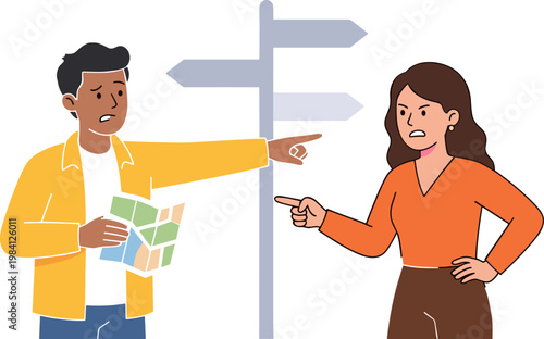 Man and woman discussing direction at signpost with confusion