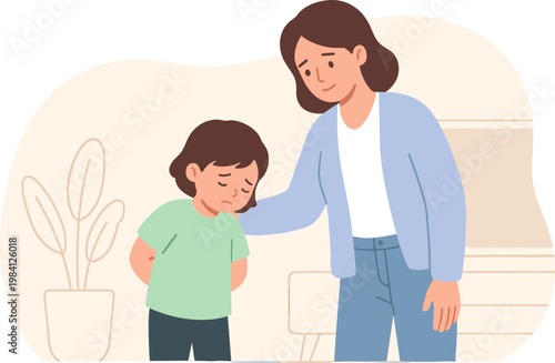 A woman comforts a sad child standing in a living room with a plant.