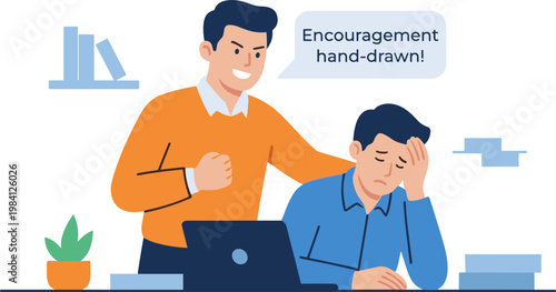 Colleague gives encouragement to stressed coworker at office desk with laptop