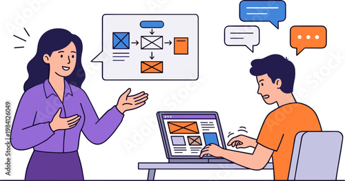 A woman discusses with a man sitting at a laptop displaying emails and documents.