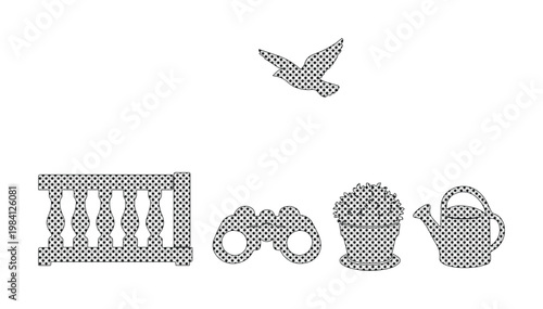 Minimalist outdoor activity vector icons, black and white nature exploration symbols, garden and birdwatching graphic elements, simple lifestyle illustrations for web and print.