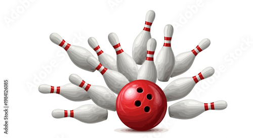 Digital illustration of a red bowling ball hitting white pins with red stripes on a plain white background