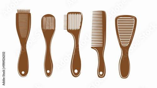 Silhouetted illustration of various hair brushes and combs in brown hues against a white background