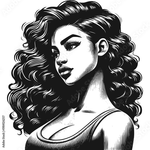 Stylized black and white engraving portrait of a woman with voluminous curly hair, design for salon branding, apparel prints, and beauty blog graphics. Vector illustration. Transparent SVG version.