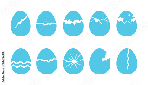 Cracked blue egg vector icons, a set of ten broken eggshell illustrations, perfect for Easter, hatching, and new beginnings concepts, isolated on white.
