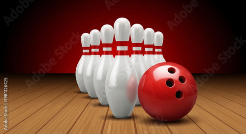 Close-up of a red bowling ball hitting white pins on a wooden lane with a dramatic red background