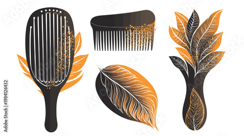 Stylized illustration featuring hair combs, leaves, and abstract elements with orange and black gradients