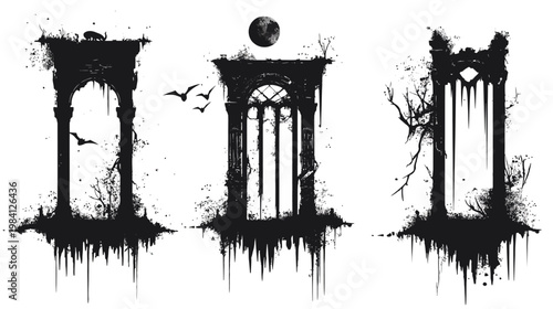 A gothic composition of three stylized archways, featuring bats, moon, and eerie abstract details