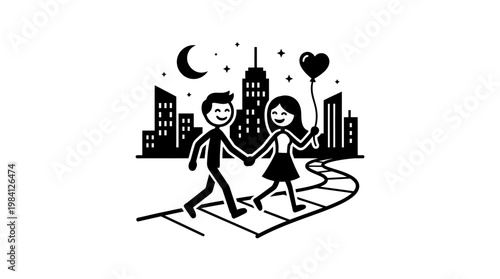 Romantic Couple Strolling Through City at Night