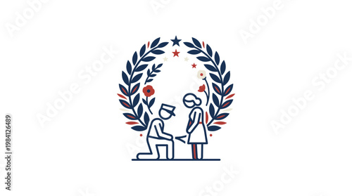 Military Officer Proposing to Partner Under Wreath