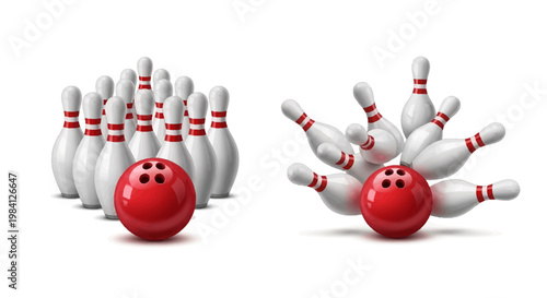 3D illustration of bowling balls knocking down pins on a white background