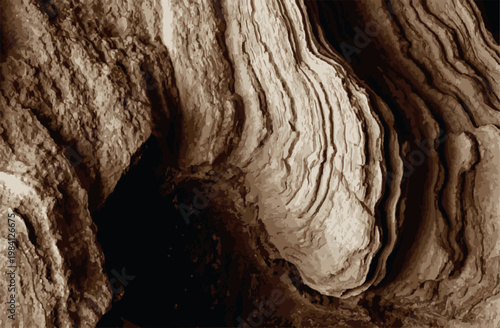 Abstract background of sedimentary rock layers in a dark cavern with brown and ochre geological formations