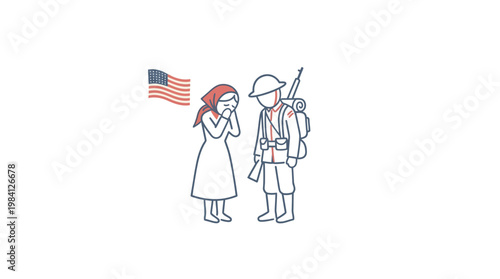 Farewell Soldier and Grieving Woman with American Flag