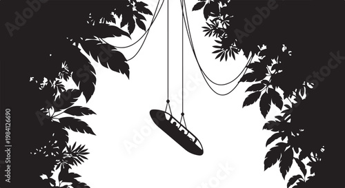 Black and white, elegant floral border, hanging pendant light fixture, minimalist interior design element, vector illustration