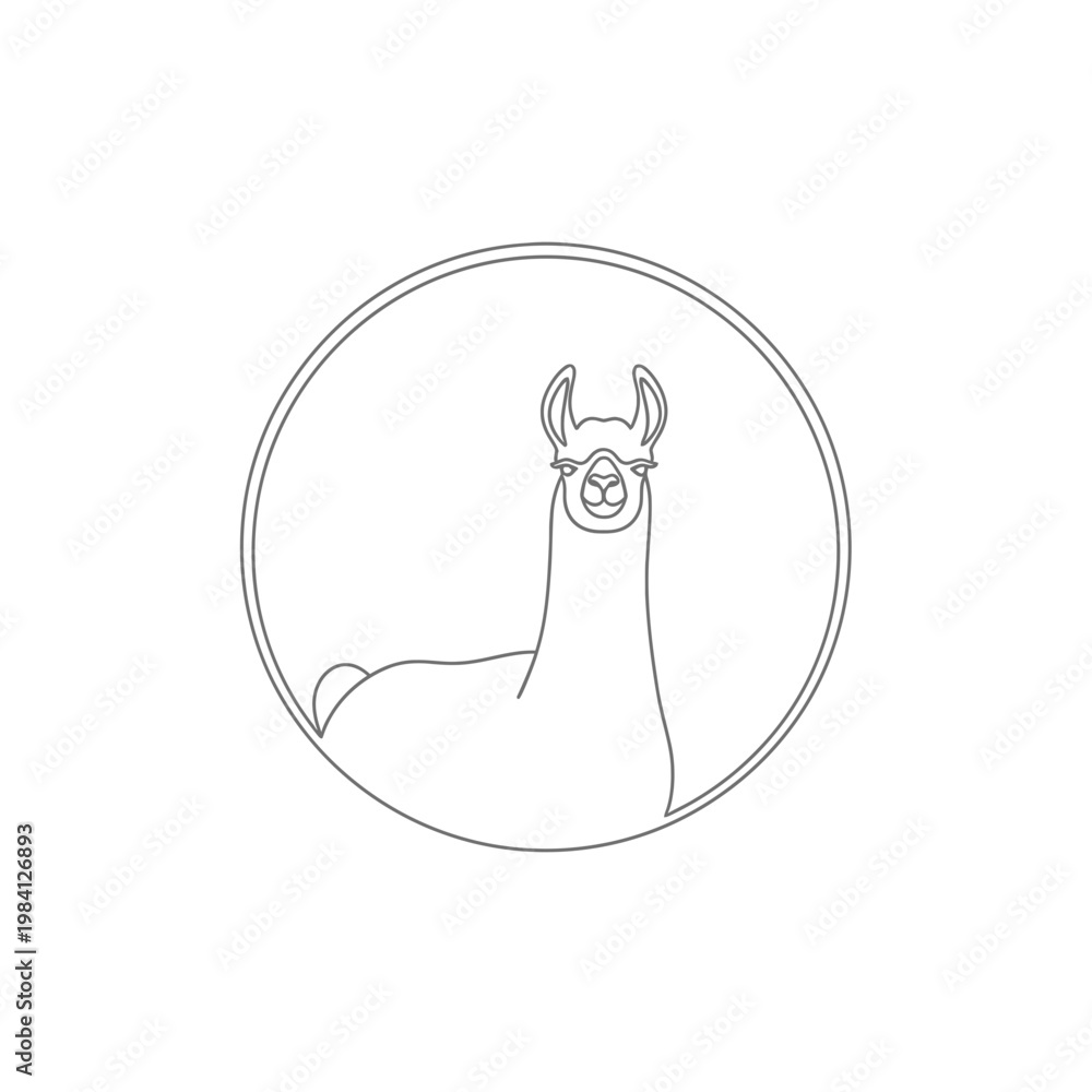 Fototapeta premium Minimalist Llama Icon, Continuous Line Art, Circle Emblem, South American Camelid
