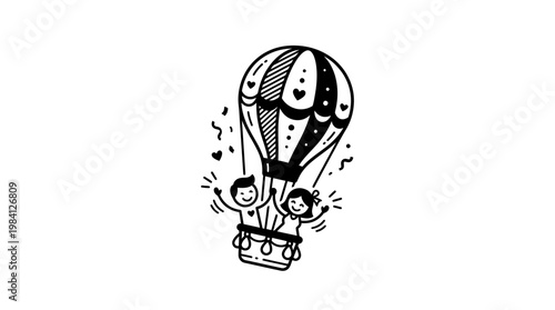 Joyful Couple in Whimsical Hot Air Balloon