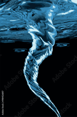 Underwater Water Vortex Twisting Flow on Black Background, Vector Illustration
