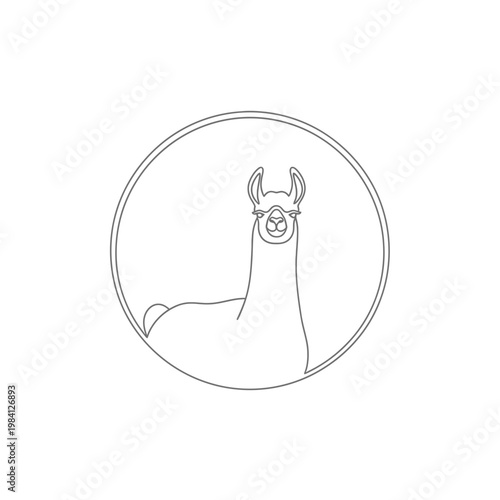 Minimalist Llama Icon, Continuous Line Art, Circle Emblem, South American Camelid
