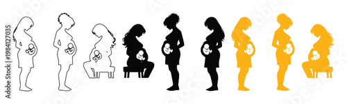 Pregnancy Stages Vector Collection, expecting mother silhouettes, pregnant woman line art, prenatal care and maternity journey, medical illustration set