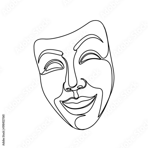 Minimalist single line drawing of a happy theatre mask. Comedy and tragedy symbol.