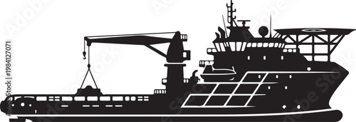 Black silhouette cargo ship, industrial vessel, commercial boat, vector graphic