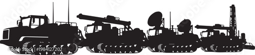 Military tank silhouettes, combat vehicle icons, army equipment, black vector graphics