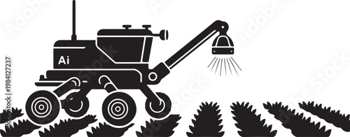 Black silhouette robotic lawn mower, autonomous gardening robot, AI powered lawn mower, vector illustration