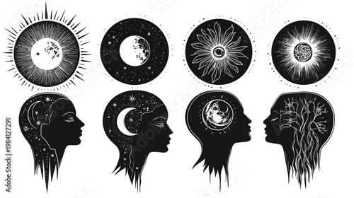 Celestial-themed illustrations suns, moons, stars, and human silhouettes with cosmic interiors