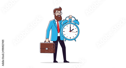 Professional bearded businessman in a blue suit holding a brown briefcase and a large blue alarm clock for time management.