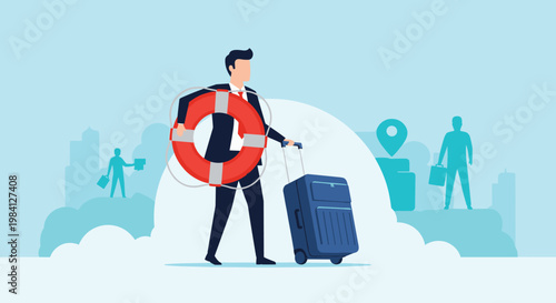Businessman walking with a travel suitcase while carrying a red lifebuoy ring for safety and protection during journeys.