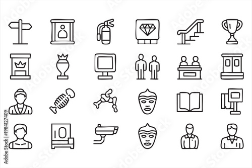 Museum history and cultural heritage line icons for exhibition, tourism and education systems