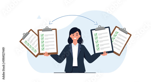 Professional businesswoman juggling and holding several clipboards with checkmarks and lists representing multitasking skills.