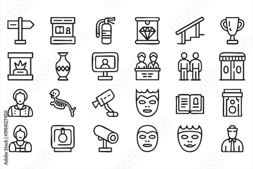 Heritage preservation, ancient objects and exhibition line icons for tourism and education platforms