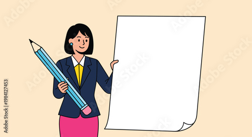 Creative businesswoman in a suit holding a massive blue pencil and a large blank sheet of paper for sketching new ideas.