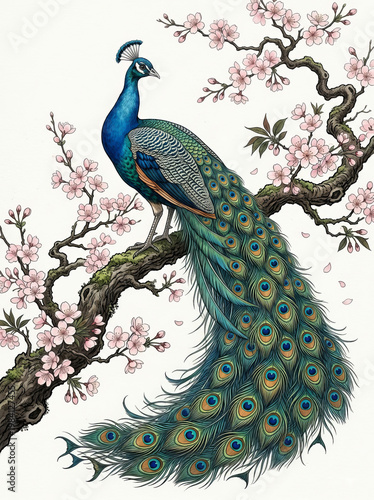A peacock is perched on a cherry blossom tree.