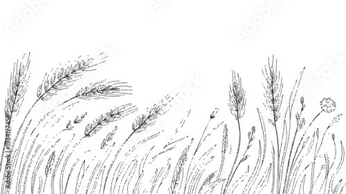 Abstract black and white illustration of tall grass in a field with hand drawn plant life wild grass meadow grass nature illustration abstract
