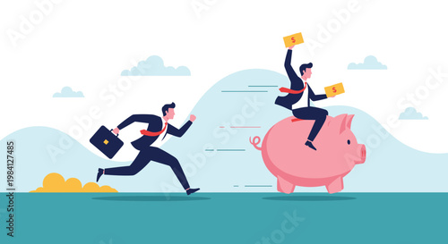 Competitive race between a businessman running on foot and another businessman riding on a fast piggy bank with money.