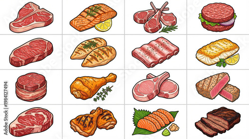 A variety of raw and cooked meats are displayed on a table.